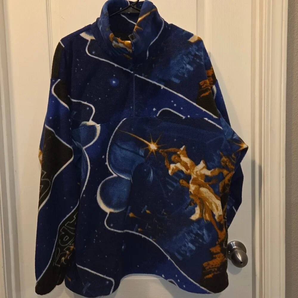 VINTAGE 80s Custom Star Wars Fleece Half-Zip Pullover Space Galaxy Print XL/2XL